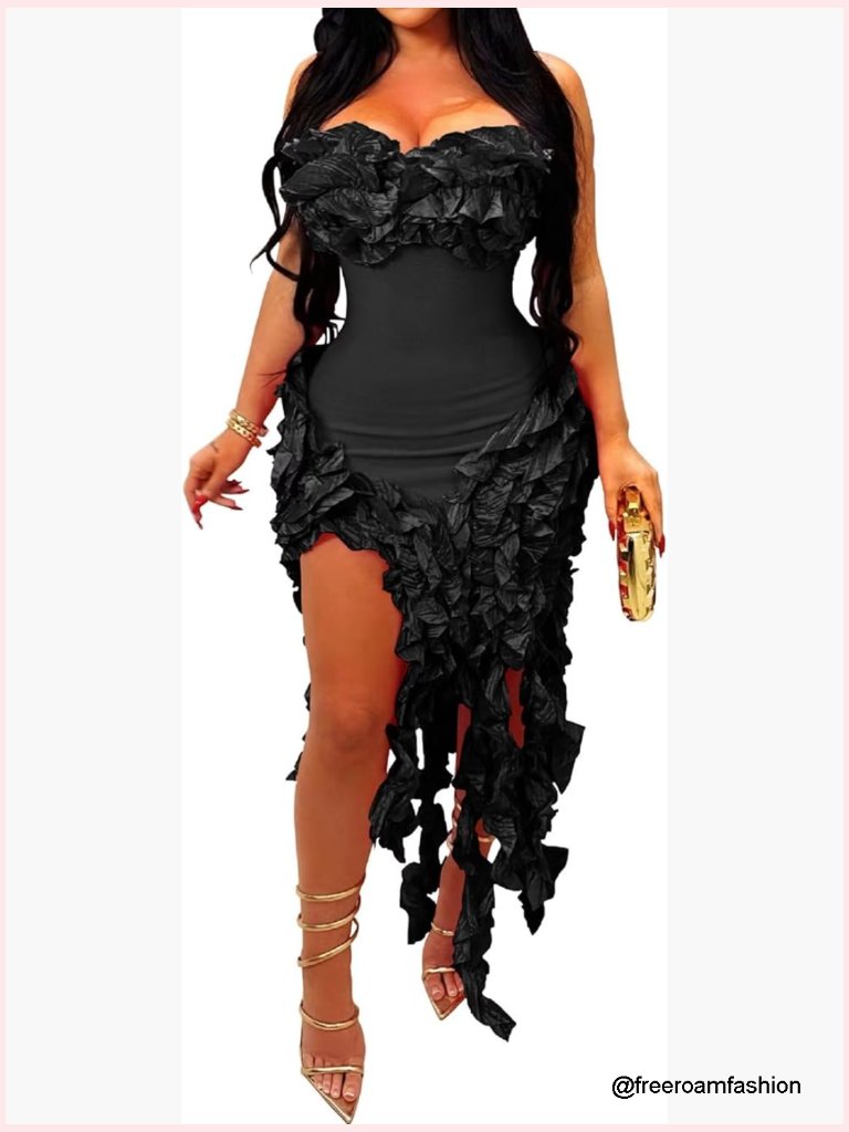 Strapless Ruffle Bodycon Midi Club Dress Fringe Party Cocktail Slim
